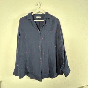 Beachlunchlounge Womens Alessia Embroidered Cotton Gauze Shirt XL Navy Red Heart